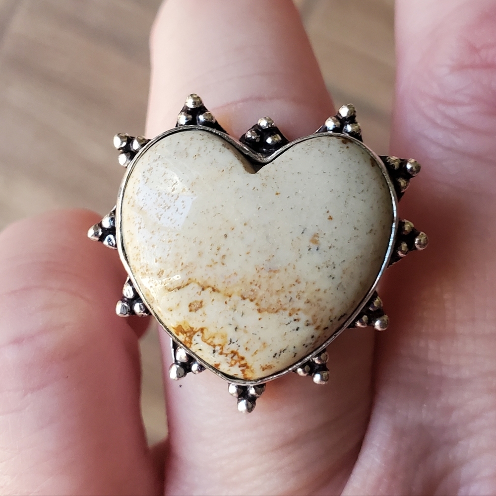 New Heart Shaped Picture Jasper 925 Silver Ring.